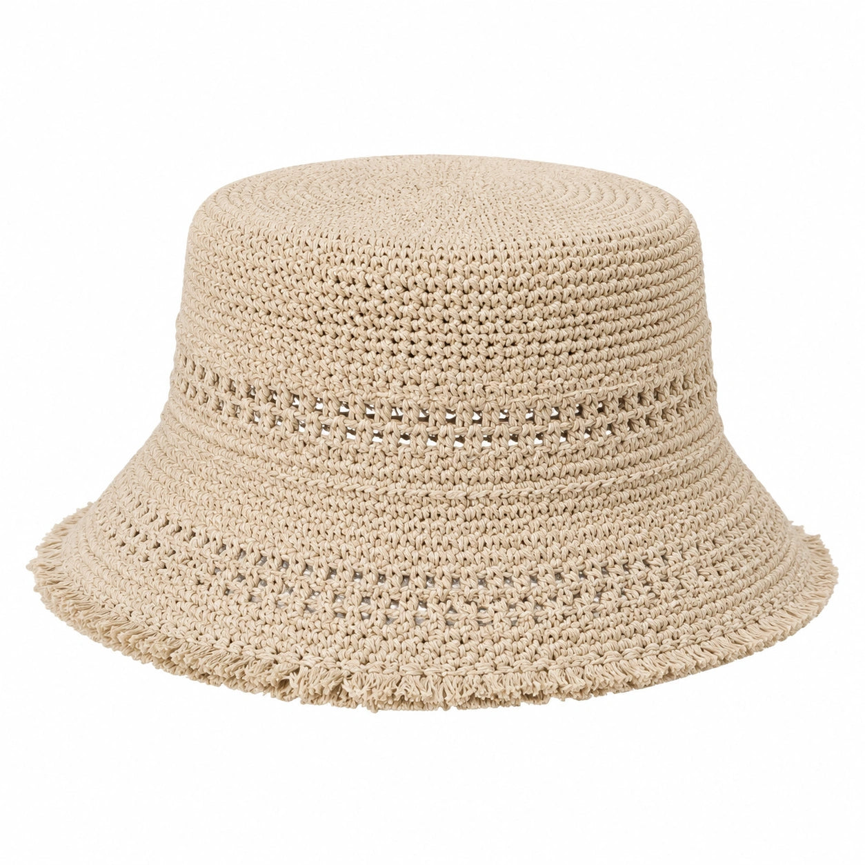 Chapeau bob taille unique en fibres tressées beige style ajouré à bord frangé