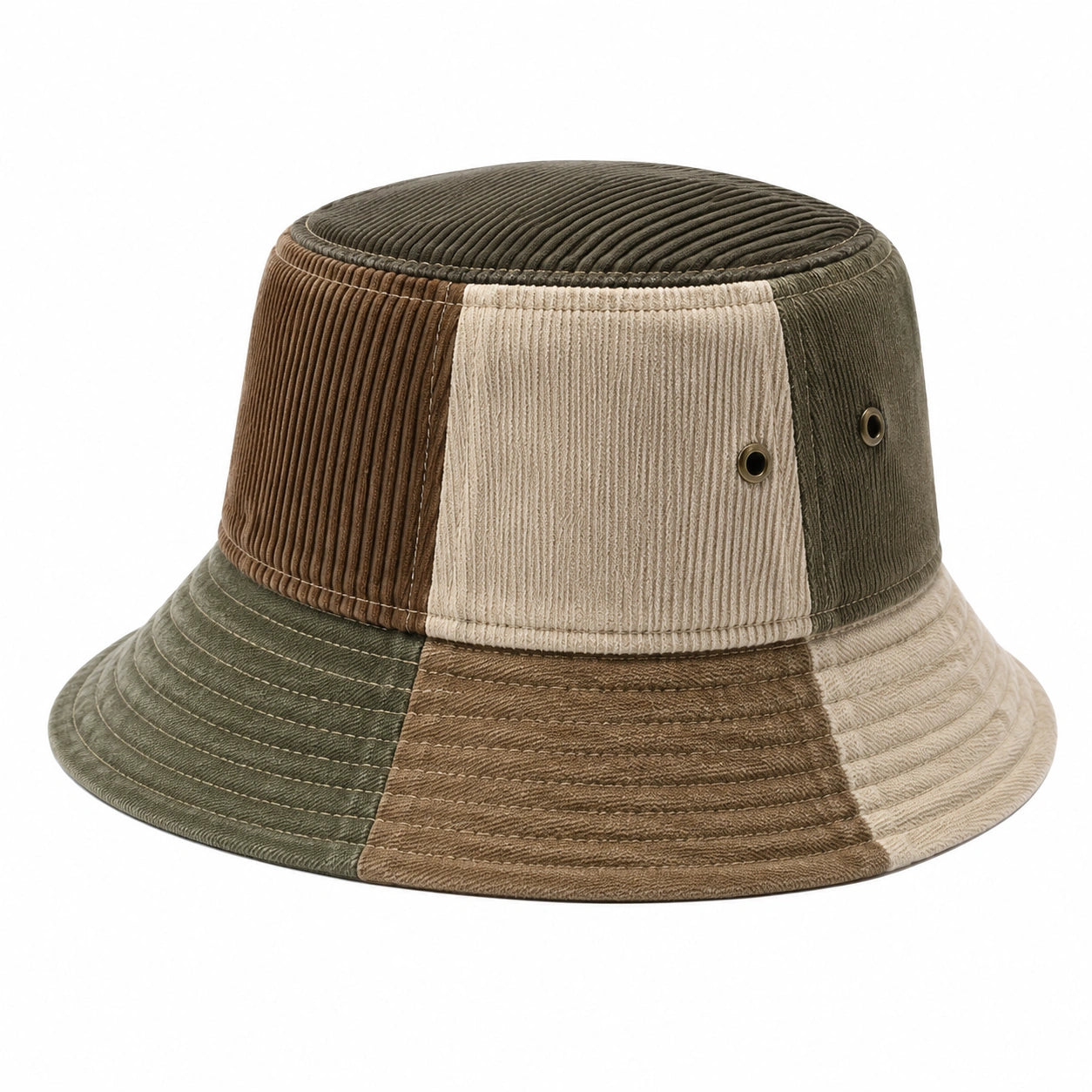 Chapeau bob taille unique en tissu côtelé beige marron vert style patchwork