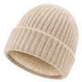 Bonnet en maille beige taille unique avec revers doublure douce pour adulte