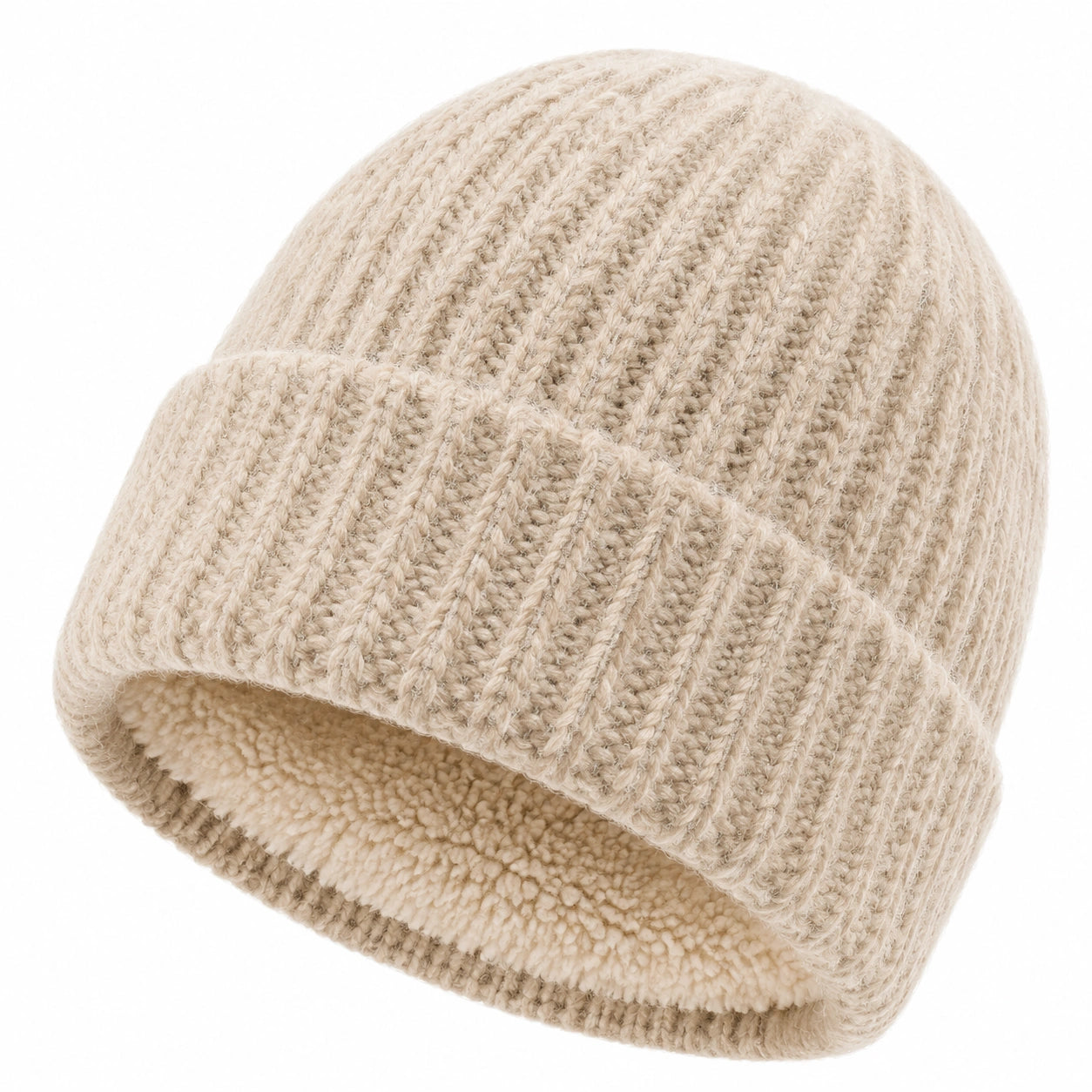 Bonnet en maille beige taille unique avec revers doublure douce pour adulte