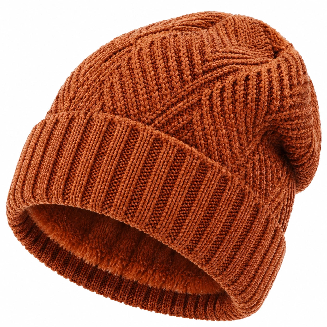 Bonnet taille unique en maille orange brique à revers doublé chaud