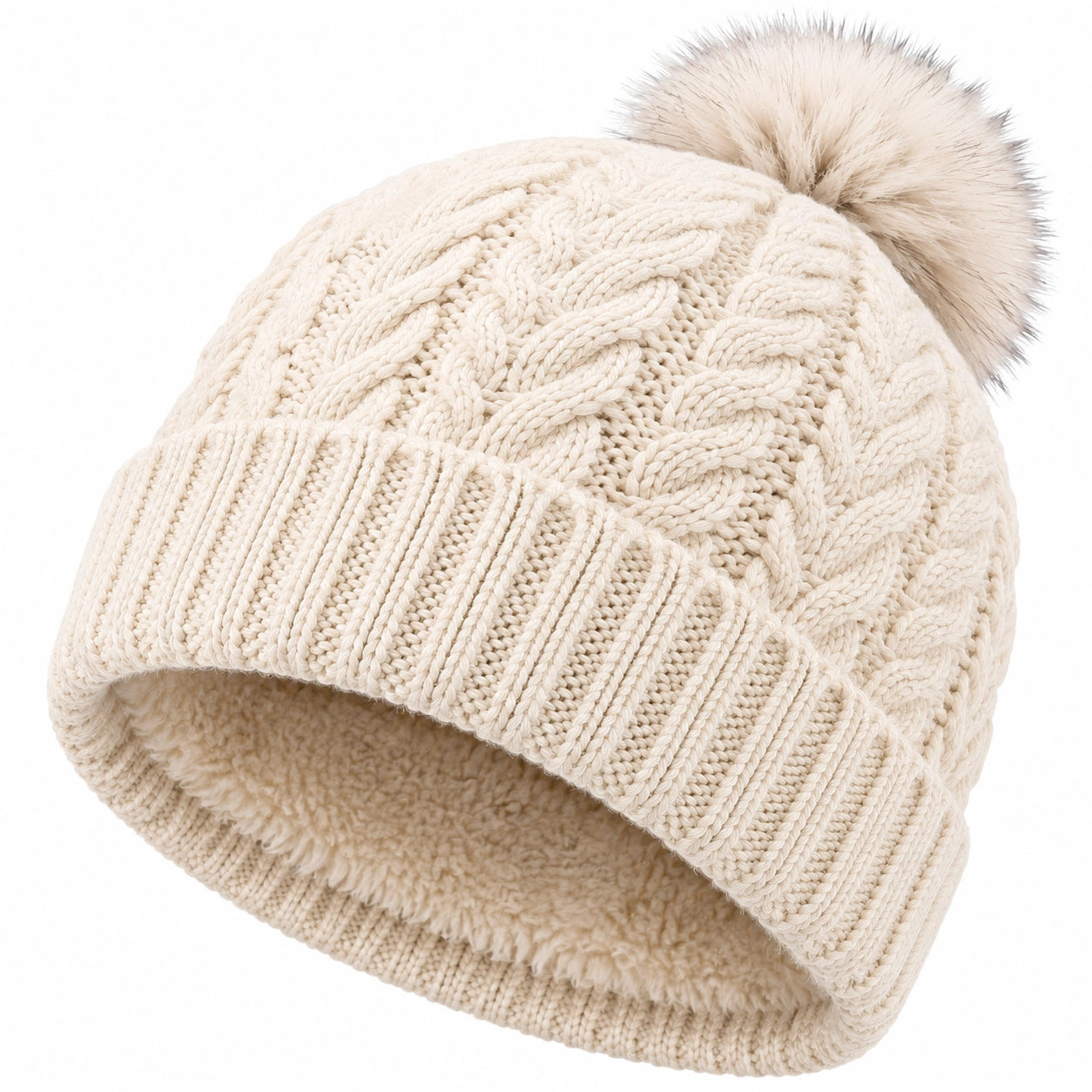 Bonnet d'hiver taille unique en maille beige à pompon doublé style torsadé