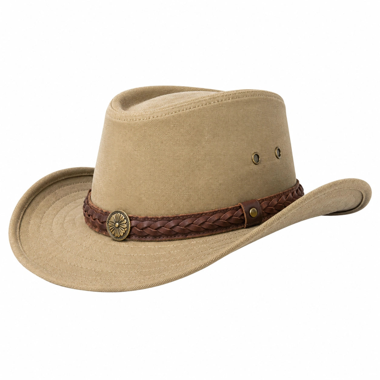 Chapeau cowboy taille unique en textile beige avec bande tressée marron style western