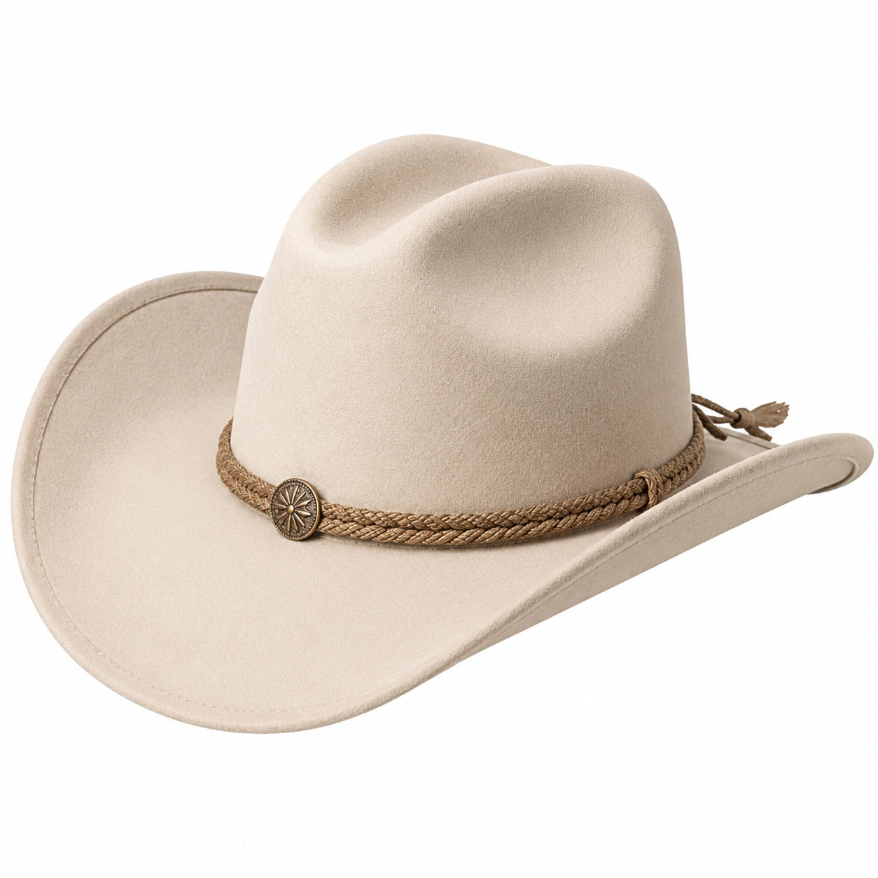 Chapeau cowboy taille unique beige en textile aspect feutré avec cordon tressé