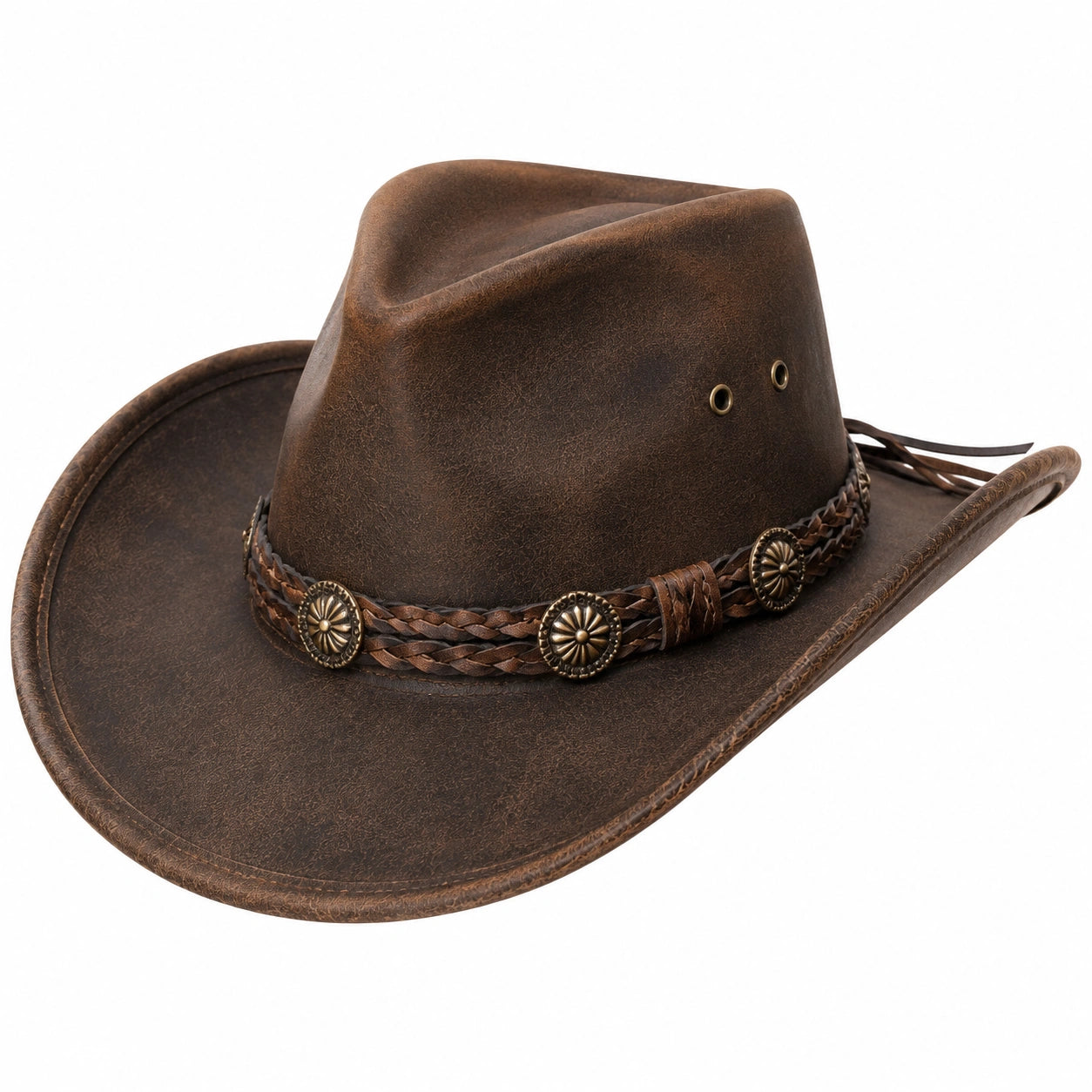 Chapeau cowboy taille unique brun en matière synthétique aspect cuir avec bande tressée décorative